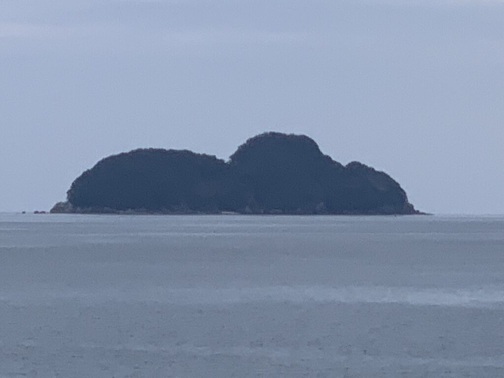 佐波留島 (仰向けに寝るムーミンに見えることから、地元では「ムーミン島」とも呼ばれる)に接近